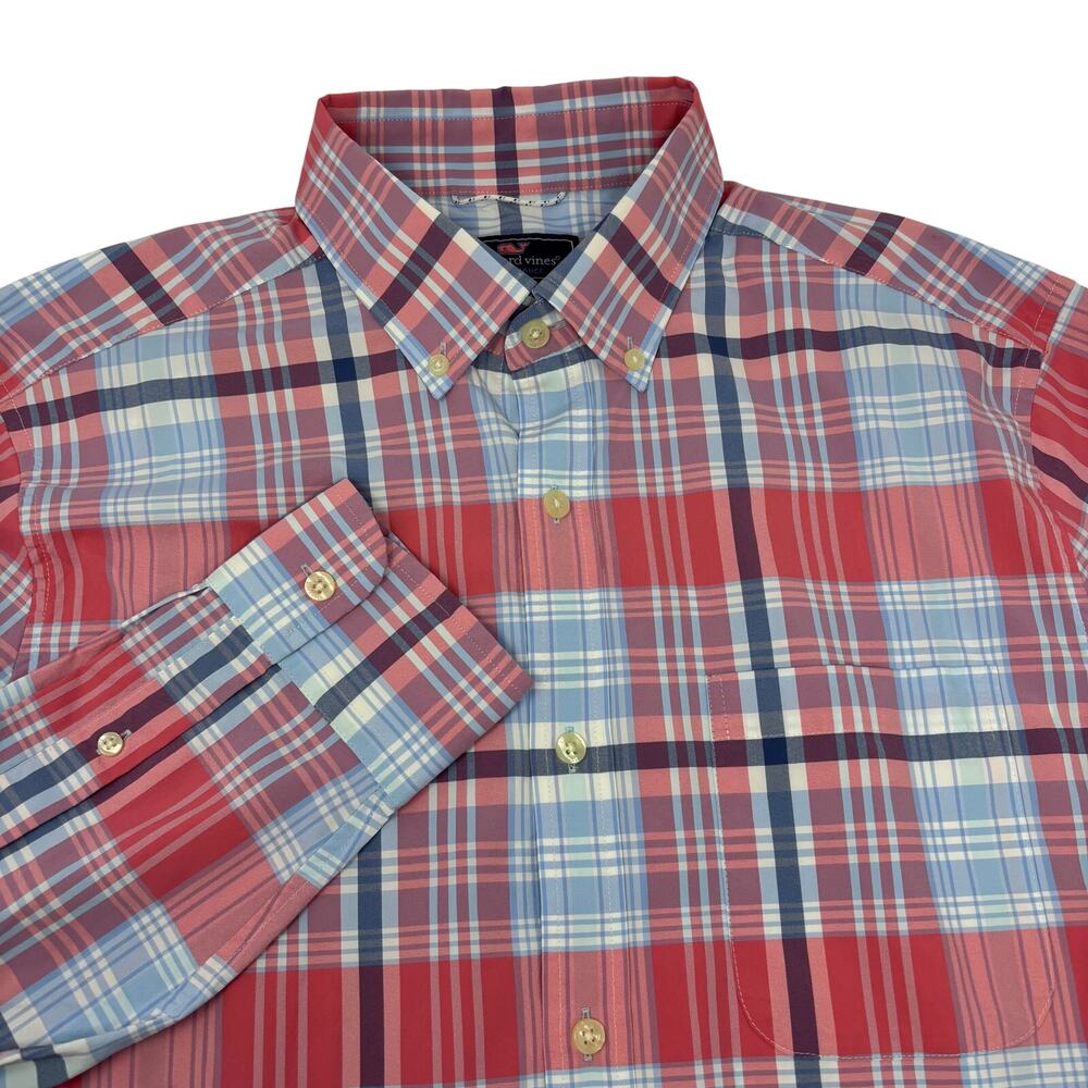 Vineyard Vines Performance Medium Pink Blue Plaid Long Sleeve Button Down Shirt